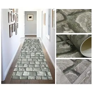Tadi & Imperio1979 Vinyl-Teppich für Wohnzimmer, Küche, Wohnzimmer, Eingangsbereich, Bad oder Schlafzimmer, mit Rutschfester PVC-Rückseite, digitales Design, graue Steine, beige mit Moos