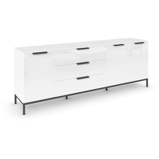 Rauch Möbel Flipp, Sideboard, TV-Schrank, Kommode mit Stauraum, mit Metallkufe graphit, Alpinweiß/Glasfront Weiß, 3-türig, Glastüren, 3 Schubkästen, Griffe graphit, 199x72x42cm