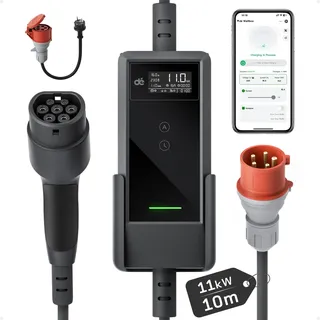 dé Mobile Wallbox 11kW mit APP [10m | 3-phasig | 6–16 A] | Ladekabel e Auto CEE-16A 400V auf Typ 2 mit Einstellbarer Ladeleistung, EV-Charger für BEV/PHEV