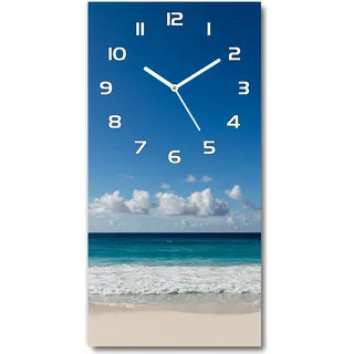 Wanduhr aus Glas – 30x60 cm - Glasbild - Glasuhr - Gehärtetes Glas -Tropischer Strand - Blau