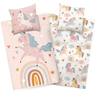 Aminata kids Bettwäsche 135x200 Kinder Mädchen Baumwolle Einhorn beige Wende-Kinder-Bettwäsche-Set Regenbogen Unicorn Pferde-Motiv Tiere Tier-Motive Einhörner