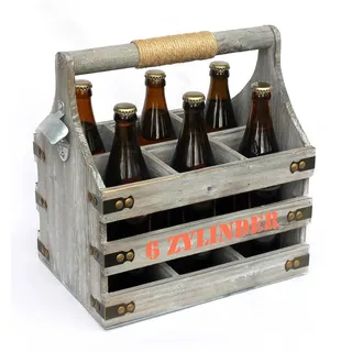 DanDiBo Ambiente Bierträger mit Flaschenöffner Flaschenträger 6 Zylinder Bierkiste Holz - Grau