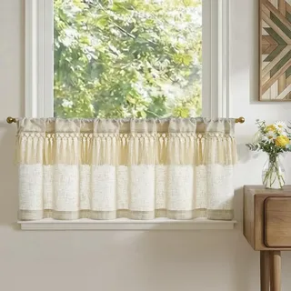 TOPICK Scheibengardinen Küche Beige Spitzenborte Leinen Bistrogardine mit Tunnelzug Volant für Wohnwagen Wohnzimmer Landhausstil Shabby Chic Gardinen Kurz Lichtdurchlässig 1er Set 145Bx45H cm Beige