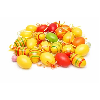 KAMACA 30er Set Bunte Ostereier aus Kunststoff zum Aufhängen – 6 cm – Wetterfeste Osterdeko für Außen & Innen – Kunststoffeier mit Motiven – Deko für Osterstrauch & Garten