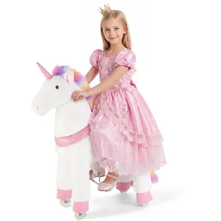 Vevor Reitpferd auf Rollen 99cm, 80kg Belastbares Stehpferd mit Soundfunktion, Spielpferd mit Erhöhtem Sitz Griffen & Pedalen, Weißes Einhorn mit Regenbogenmähne zum Reiten für Kinder Mädchen ab 6