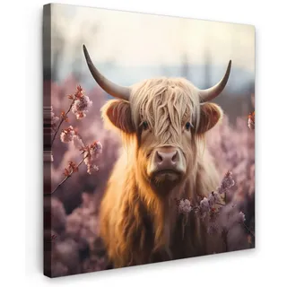 MuchoWow Leinwandbild Schottischer Hochländer - Frühling - Hochland Deko Groß 90x90 cm , Hellrosa , Textil , Kiefer , Abstrakt , Quadratisch , 90x90 cm , FSC 100% , gerahmt , Bilder & Rahmen, Bilder, Leinwandbilder
