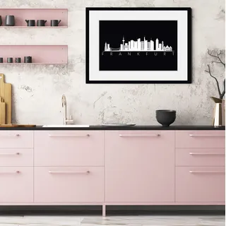 Bild QUEENCE "Frankfurt Skyline BLACK", schwarz (farbe rahmen: schwarz, farbe bild(er): schwarz), B:50cm H:40cm, Acrylglas, Holz, Papier, Bilder, Bild, HD Premium Poster-Druck inkl. Holzrahmen