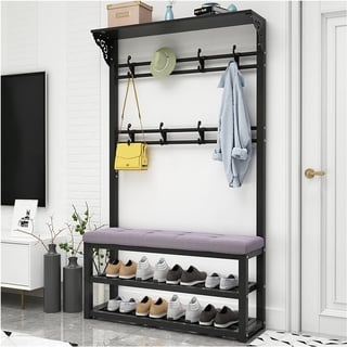 CLXRZM Garderobenständer Kleiderständer mit Sitzbank, 100x30x172cm Freistehende Garderobe Mit 8 Haken Und Schuhablage, Multifunktions Coat Stand with Bench Für Flur Eingangsbereich, Schwarz