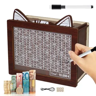 Booaee Sparbox Holz,Sparbox mit Zahlen Ankreuzen,Katze Spardose Holz Wiederverwendbare Spar Box Retro Sparbüchse Aufbewahrungsbox Sparschwein mit Sparziel spardose Schwarz Erwachsene Kinder (10000€)