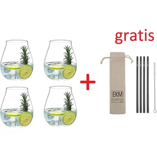 Riedel 5414/67 Gin Tonic Gläser Set 4 Stück + Gratis 4er Set EKM Living Edelstahl Strohhalme (Schwarz)