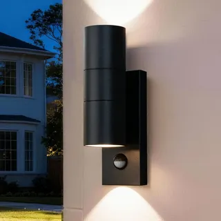 Außenleuchte mit Bewegungsmelder, Up & Down, Aluminium Schwarz 230V | 9W IP44 Außenlampe Haustürlampe Einstellbar Leuchtdauer Reichweite 2x GU10 Fassung, für Haustür, Garten, Garage und Terrasse