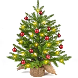 Weihnachtsbaum Mini Künstlich 55cm, Kleiner Tisch Tannenbaum mit Beleuchtung 20 LEDs, Weihnachtskugeln Weihnachtsdeko, mini Christbaum für Advent Weihnachtsdeko Innen Büro