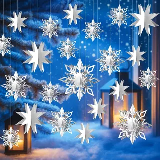 Kiiwah 12 Stücke Weihnachts Schneeflocken Dekorationen, 3D Papier Hängende Schneeflocken Sternförmig Christbaumschmuck, Weihnachtsbaum Anhänger für Weihnachten Home Winter Deko