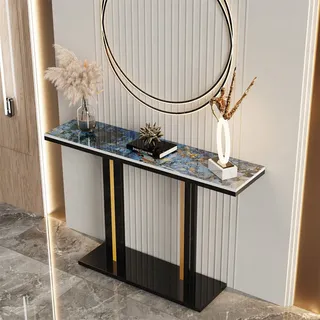 WISFOR Konsolentisch Marmor Flurtisch Dekotisch Sideboard Beistelltisch mit Metallrahmen Wohnzimmer Eingangsbereich, Meeresfarbe - Blau, Schwarz