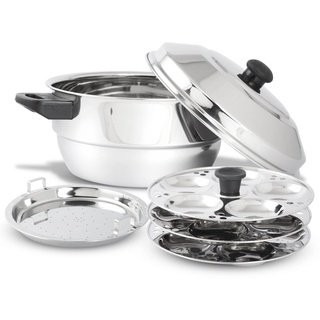 KSJONE Edelstahl Multi Kadai (Induktionsfreundlich) mit Edelstahldeckel, 3 Idli-Teller (15 Idlis), 1 Patra-Teller, silber