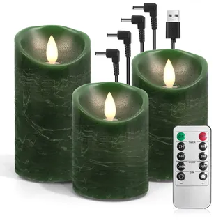 AnnSpa 3 Set Led Kerzen Aufladbar mit Fernbedienung, Wiederaufladbare Kerzen Flammenlose Echtes Wachs Flackern Moving Wick Yellow Light Pillar Candles mit Timerfunction für Geschenke - Grün