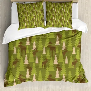 ABAKUHAUS Hirsch Bettbezug, Waldbewohner Moose, Milbensicher Allergiker geeignet mit Kissenbezügen, 155 cm x 220 cm - 80 x 80 cm, Grün Tan Brown - Grün