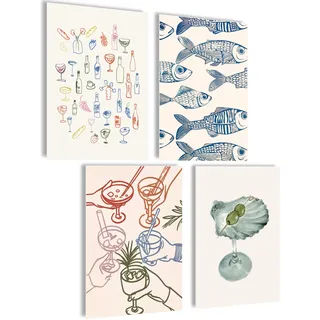 mojoliving Poster Kaffee Bilder Kaffee Bild Wandbilder Küche Bilder für die Küche Poster Deko Vintage Geschenke (Sardinen, 4x A4 | ohne Rahmen)