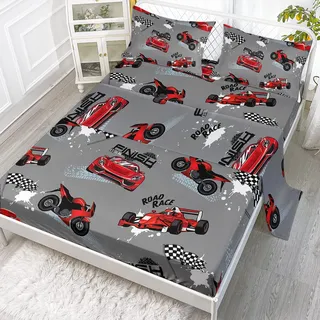 Axolotl Rennwagen-Bettwäsche-Set für Jungen und Königin, rotes Rennwagen-Set, 4-teilig, Cartoon-Auto-Bettwäsche-Set mit 1 Spannbetttuch, 1 Bettlaken, 2 Kissenbezügen für Jungen, Mädchen, Erwachsene,