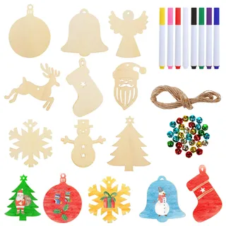 LIHAO 62 TLG Holzanhänger Weihnachten Deko DIY Basteln zum Bemalen Holz Anhänger Tannenschmuck mit Buntem Glöckchen Schneeflocke Schneemann Elk Weihnachtsmann Engel für Weihnachtsbaum Schmuck