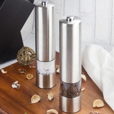 Virklyee 2 Packs Automatic Electric Salt or Pepper Mill Set Stainless Steel Electronic Luminous Electric Spice Mill Mill Set with Adjustable Coarseness (Silver)