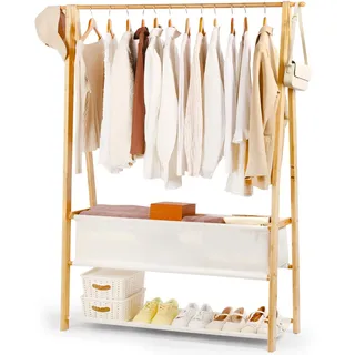 Relquorax Kleiderständer Bambus, Garderobenständer offener Kleiderschrank mit Aufbewahrungstasche und Ablage Kleiderstange Haken, stabil für Schlafzimmer Flur (L - 120cm)