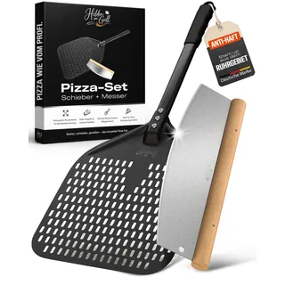 Helden am Grill Pizzaschieber Set mit Pizzaschneider - großer perforierter Pizzaschieber mit Antihaft-Beschichtung - Pizzamesser Wiegemesser mit Holzgriff - Pizza Zubehör für Backofen und Pizzaofen