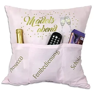 KAMACA Frauenkissen Dekokissen mit Füllung 43x43 cm mit 3 Taschen Lustiges Geschenk für Frauen Mama Freundin Schwester Kuschelkissen mit Spruch Couch Filmabend Muttertag und mehr (Mädelsabend)