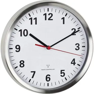 TFA Dostmann Analoge Wanduhr Funk, 60.3529.02, ohne Ticken, mit ger‰uscharmen Sweep Uhrwerk, Edelstahlrahmen, Schlafzimmer/Küche/Wohnzimmer, inkl Funkuhr, 22cm Durchmesser, Silber