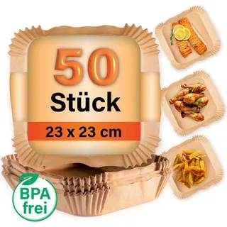 GOURMETmaxx Backpapier für Heißluftfritteuse 5 bis 8 Liter | Backpapierschale antihaftbeschichtet & ölbeständig | Airfryer Backpapier – flexible Form | 50 Stück – 23 x 23 x 4,5 cm