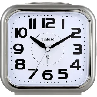 Tinload Analog Seniorenwecker mit Nachtlicht, 5.5 Zoll großes Zifferblatt, Tischuhr mit Schlummerfunktion, laut, ansteigendem 3-stufigem Glockenton, Batteriebetrieben (Silber)