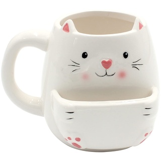 Dekohelden24 Kaffeebecher Kaffeetasse mit Keksfach aus Keramik-Motiv: Katze-Größe: ca. H/Ø: 10 x 7 cm/Fassungsvermögen: 300ml, Weiß, 10 cm