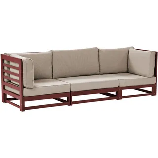 Beliani Gartensofa 3-Sitzer Akazienholz mahagonibraun Auflagen taupe Trani , Dunkelrot, Grau, Beige , Holz , 235x72x75 cm , Gartenmöbel, Loungemöbel, Gartensofas & Loungesofas