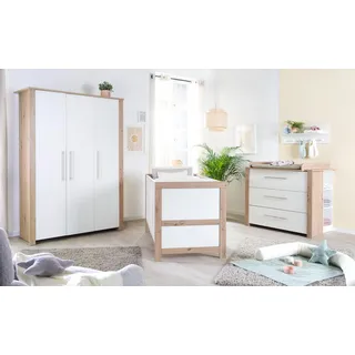 roba Kinderzimmer Set 3-teilig Malo - Gitterbett 70 x 140 cm + Wickelkommode + Kinderkleiderschrank 3-türig - Holz weiß lackiert/Holzdekor Artisan Eiche