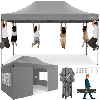 COBIZI Pavillon 3x4,5 Wasserdicht Stabil Winterfest, Pop Up Faltpavillon | 3x4,5 Partyzelt mit 4 Seitenwänden, Gartenpavillon UV Schutz Festival Partyzelt Sonnenschutz Pavillon, Schwerlast, Grau