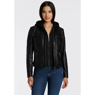 Bikerjacke MAURITIUS "SAMINA", Damen, Gr. XS/34, schwarz, Obermaterial: 100% Schafsleder. Futter: 100% Baumwolle. Kapuze: 55% Baumwolle, 45% Polyester. Ärmelfutter: 100% Polyester, unifarben, sehr figurbetont kurz, mit Reißverschluss, Jacken Bikerjacke, 2-in-1-Jacke - mit abnehmbarem Kapuzen-Sweat-Einsatz