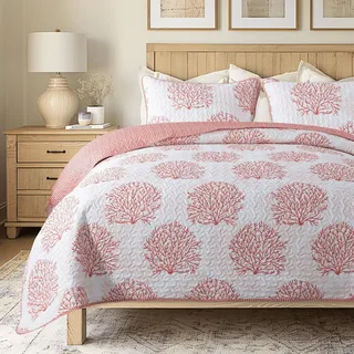 Soul & Lane Coastal Quilt Set – Twin und 1 Kissenbezug, Gesteppte Küsten-Tagesdecke mit Strand-Thema, Ozean-Bettwäsche-Set, Sommerdecke, Stranddecke mit tropischem Motiv, Korallenmeer