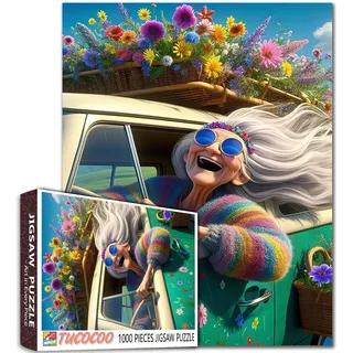 1000 Piece Jigsaw Puzzle, Bunte Sommerfreuden-Szene mit Oldtimer und Blumen Ältere Frauen DIY Puzzles für herausfordernde Familienaktivitätsspiele Ältere Dame Kunst Home Wall Decor Craft Gifts