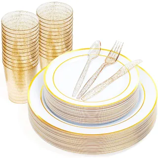 MATANA 150 Stück Mehrweg Partygeschirr Set in Weiß & Gold für 25 Gäste - 25 Plastikteller 25 Dessertteller 25 Löffel 25 Gabeln 25 Messer & 25 Partybecher - Hochzeiten, Geburtstage & Partys