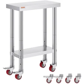 Vevor rollbarer Arbeitstisch 61 x 30 x 85 cm Edelstahl Catering Arbeitstisch Belastbarkeit 350 kg, Lebensmittelzubereitungstisch gewerblicher Küchentisch für Bar mit 4 verstellbaren Füßen