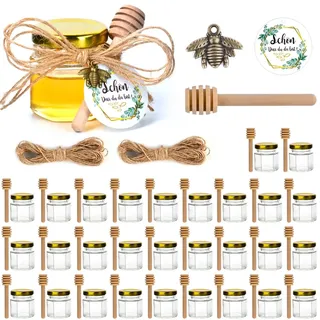 MAOOY 30Stück Hexagon Mini Glas Honig 45ml, Honiggläser mit Bambus-Schöpflöffel+Eukalyptus Etiketten+Bienen Charms, 20m Hanfseil, Marmeladengläser für Taufe Hochzeits Geschenke