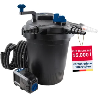 T.I.P. Teichfilter - Teichdruckfilter-Set (15.000 l Teichvolumen, 4.500 l/h Fördermenge, UV-C 13 W, int. Rückspülfunktion, inkl. Pumpe, UV-C Strahler, Schläuche, Filtermaterial) TFP 15000 UV 13, 30299