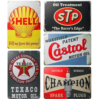 5er Set Blechschilder Retro, 20x30 Cm Garage Metallschilder Retro, Vintage Motorrad Metallschild Benzin Wandschild Auto Poster, Blechschild Fur Hauswand Raumdekoration Bar Deko
