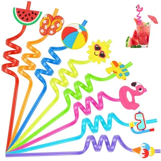 Cocktail Strohhalme Trinkhalme Plastik Dicke Plastikstrohhalme mit Knick 16 Stück Trinkröhrchen Nur Wiederverwendbar Straws Pool Party Deko Strohalme Kunststoff für Kinder Erwachsene (Sommer)