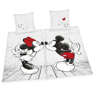 Herding Mickey & Minnie Mouse Partnerbettwäsche-Set Grau 135 x 200 cm + 2 x 80 x 80 cm