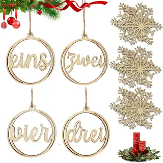Adventszahlen 1 2 3 4 und Holzanhänger Schneeflocke, Holzanhänger Adventskranz Zahlen für Kerzen & Kerzenhalter Adventszahlen Holz 1-4 Weihnachten Kerzenanhanger, für Adventskerzen Deko