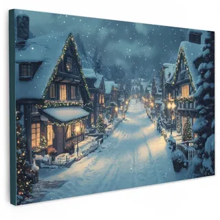MuchoWow Leinwandbild Weihnachtsdorf - Weihnachten - Schnee - Winter Wanddeko 90x60 cm , Dunkelblau , Textil , Kiefer , Rechteckig , 90x60 cm , FSC 100% , gerahmt , Bilder & Rahmen, Bilder, Leinwandbilder