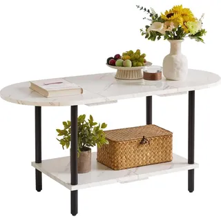 Wohnzimmertisch mit 2-stufigem Stauraum, Holzbeinen, moderner Stil, Weiß + Schwarz - Weiß, Schwarz