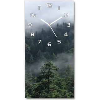 Wanduhr aus Glas – 30x60 cm - Glasbild - Glasuhr - Gehärtetes Glas -Nebel über dem Wald - Grün