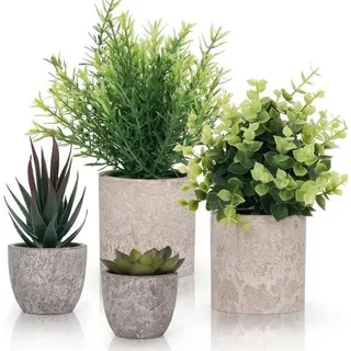 Kleine grüne Kunstpflanzen (4er-Pack) – Dekorative Kunstpflanzen für Innentöpfe im Badezimmer und Büro – Eukalyptus und Sukkulenten